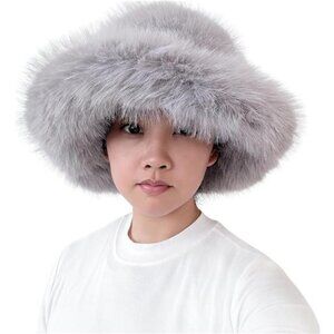 Oversized Winter Faux Fur Bucket Hat for Women Light Gray